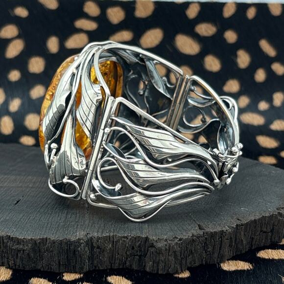 AMBERMAN Cognac Baltic Amber & Sterling Silver Art Nouveau Style Hinged Bracelet - Picture 2 of 7